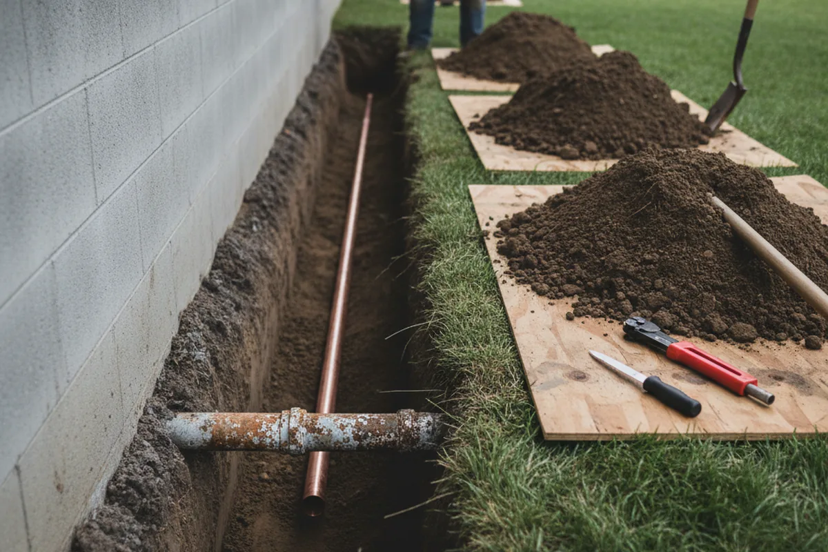 Excavated water line trench during Water Softener Installation in Rye Beach